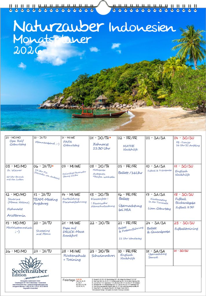 Naturzauber Indonesien Planer DIN A3 Kalender für 2026 Landschaft Natur Land Urlaub Strand - Seelenzauber