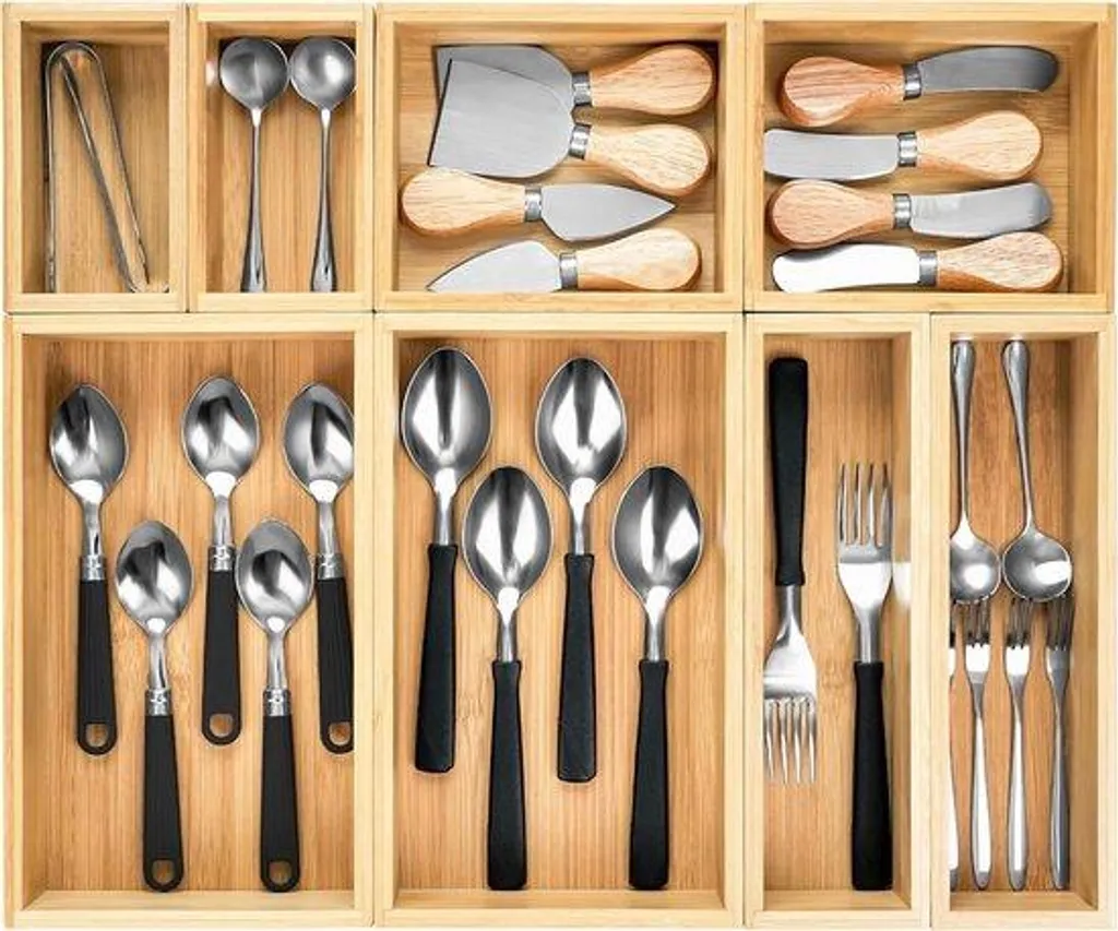 Dites stop au désordre : Organiseur tiroir cuisine bambou argenté 8pcs