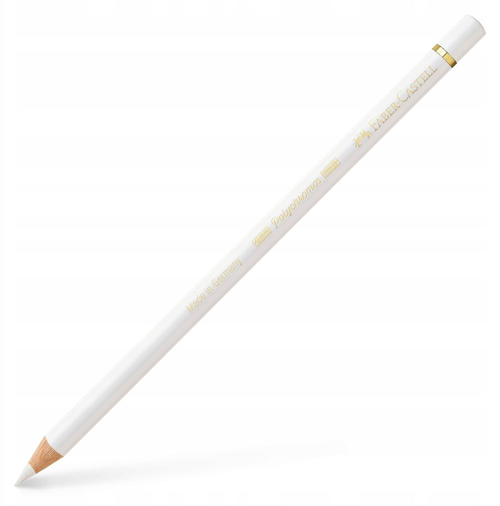 A single white colored pencil with gold accents is shown against a white background.