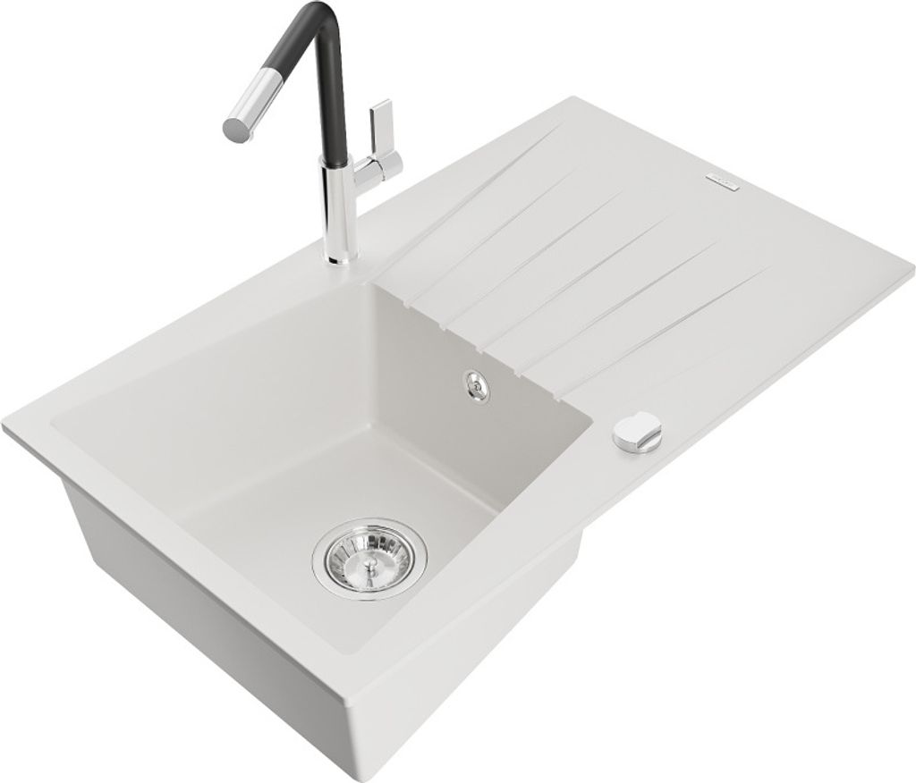 Mexen Cesar 1 Becken-Granitspüle mit Abtropffläche und Mischbatterie Flora, Weiß - 6514-20-670401-07