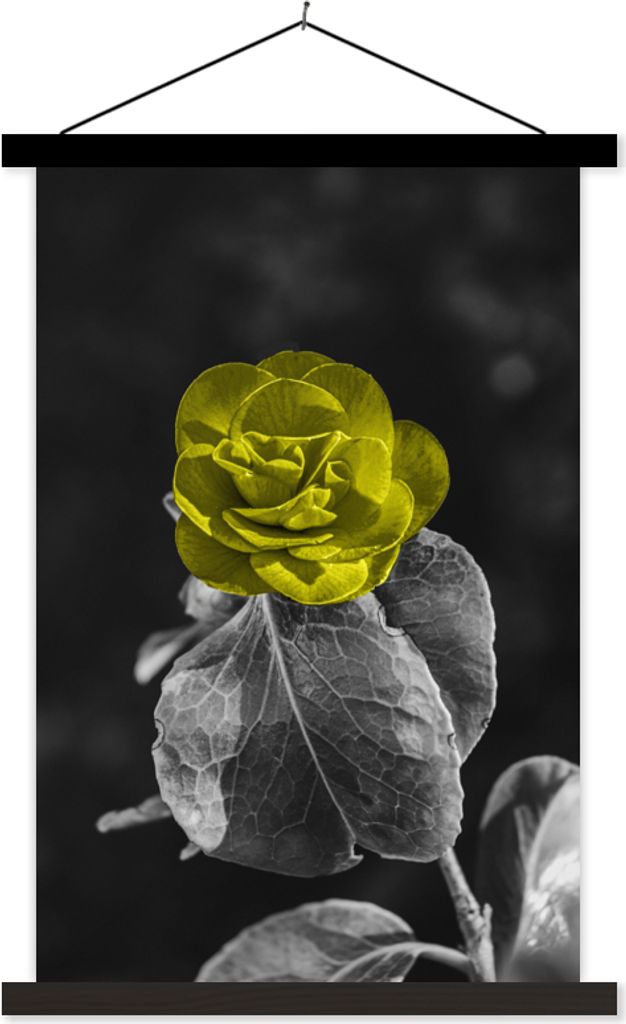 MuchoWow Textilposter Blumen - Rose - Gelb - Schwarz - Weiß 60x90 cm mit schwarzem Rahmen - Poster Wohnzimmer