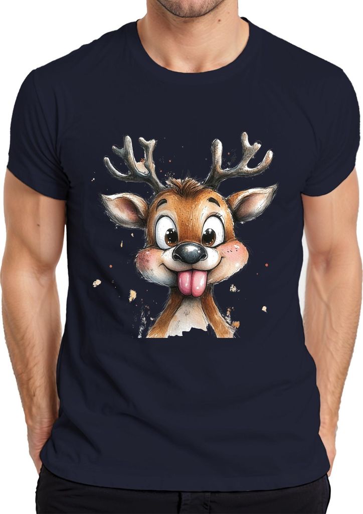 Süßes Rentier mit rausgestreckter Zunge Weihnachten Lustig Kids Herren T-Shirt, Navy, XXL