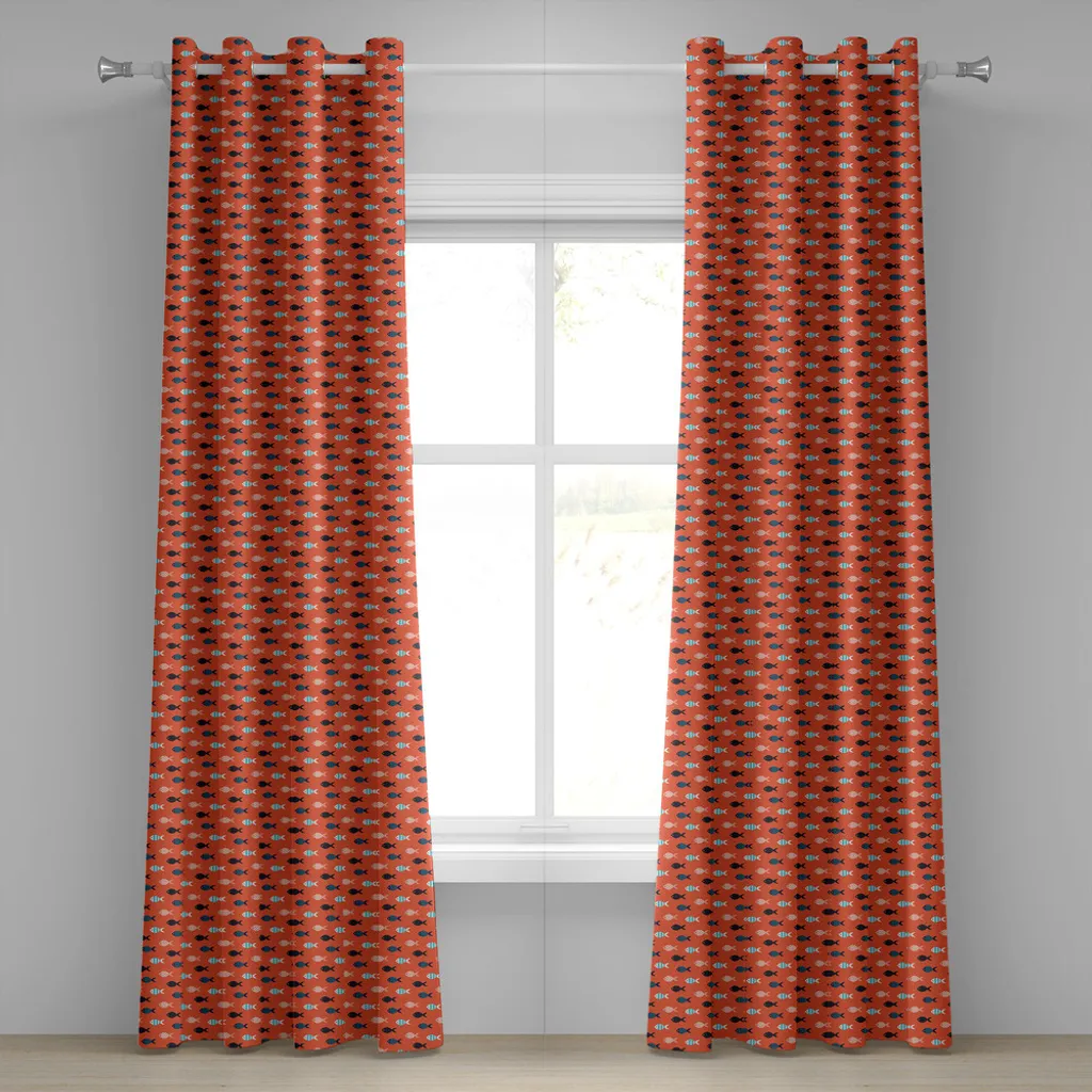Rideau motif mer bleu persan et saumon, tissu premium 280x225 cm à œillets