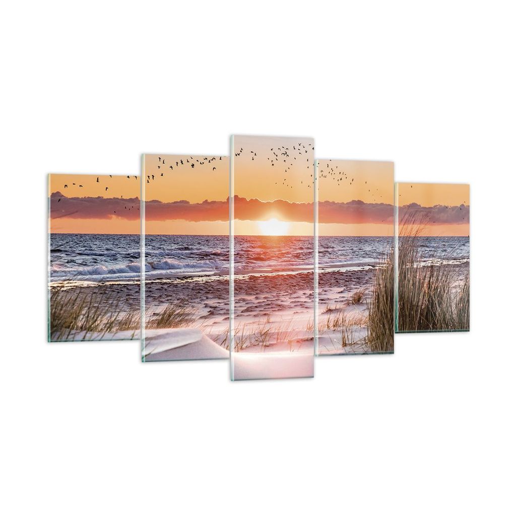 Bilder auf glas - 5 Teile - Sonne Strand Vögel - 160x85cm - Glasbilder - Wandbilder - Bilder - zum Aufhängen bereit - Wanddekoration aus Glas - G...