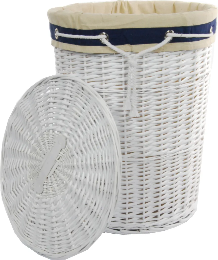 Cesto per la biancheria Cestino per la biancheria Cassettone per la biancheria Vimini rotondo bianco Coperchio Marine D.39cm H.55cm