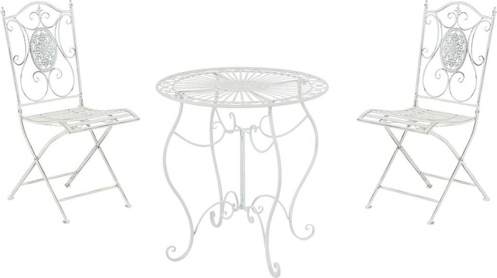 Outdoor Sitzgruppe RIZAR - Metall Antik weiß 42x49x91.5 cm | Gartenmöbelset 2 Personen Metall Vintage Balkonmöbel Set Bistrotisch Terrassenmöbe...