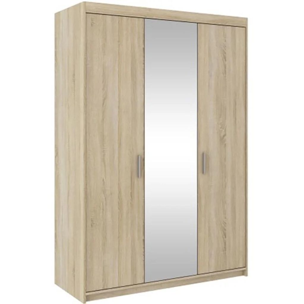Drehtürenschrank ELENA 3D Eiche Sonoma mit mattsilber Griffe - Kleiderschrank 130 cm mit Spiegel und glatten 3 Türen