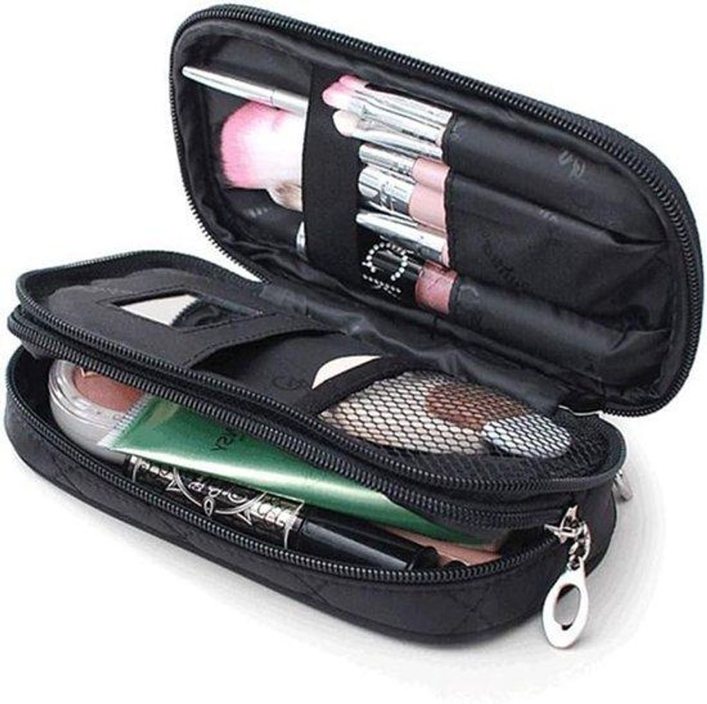 Schminktasche schwarz für Frauen mit Spiegel und Pinseln
