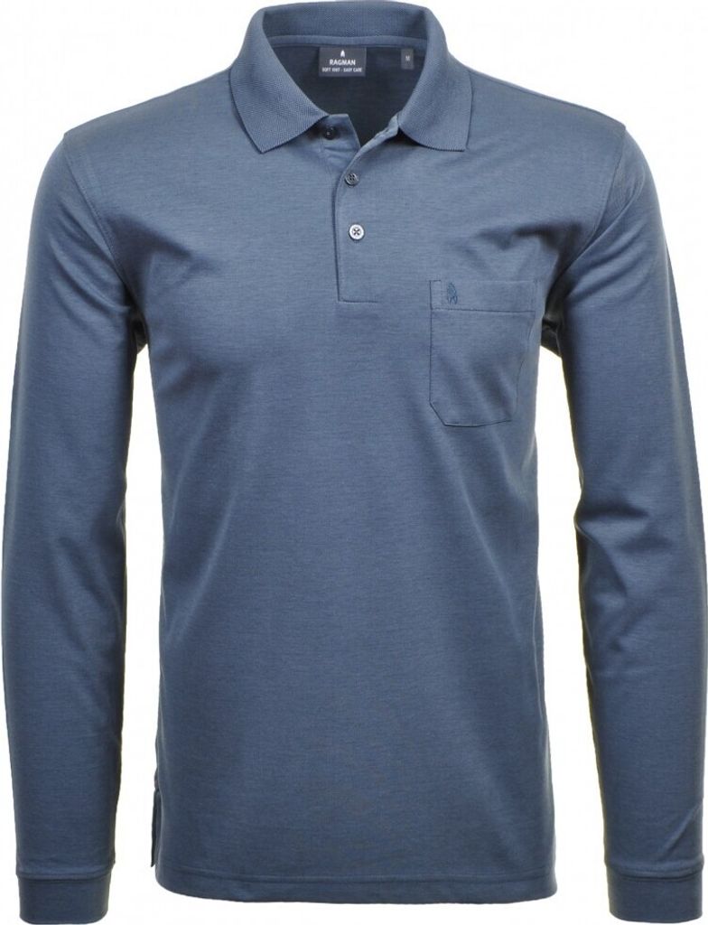 RAGMAN Herren Poloshirt Langarm Polokragen Regular Baumwollmix Jeansblau 5XL
