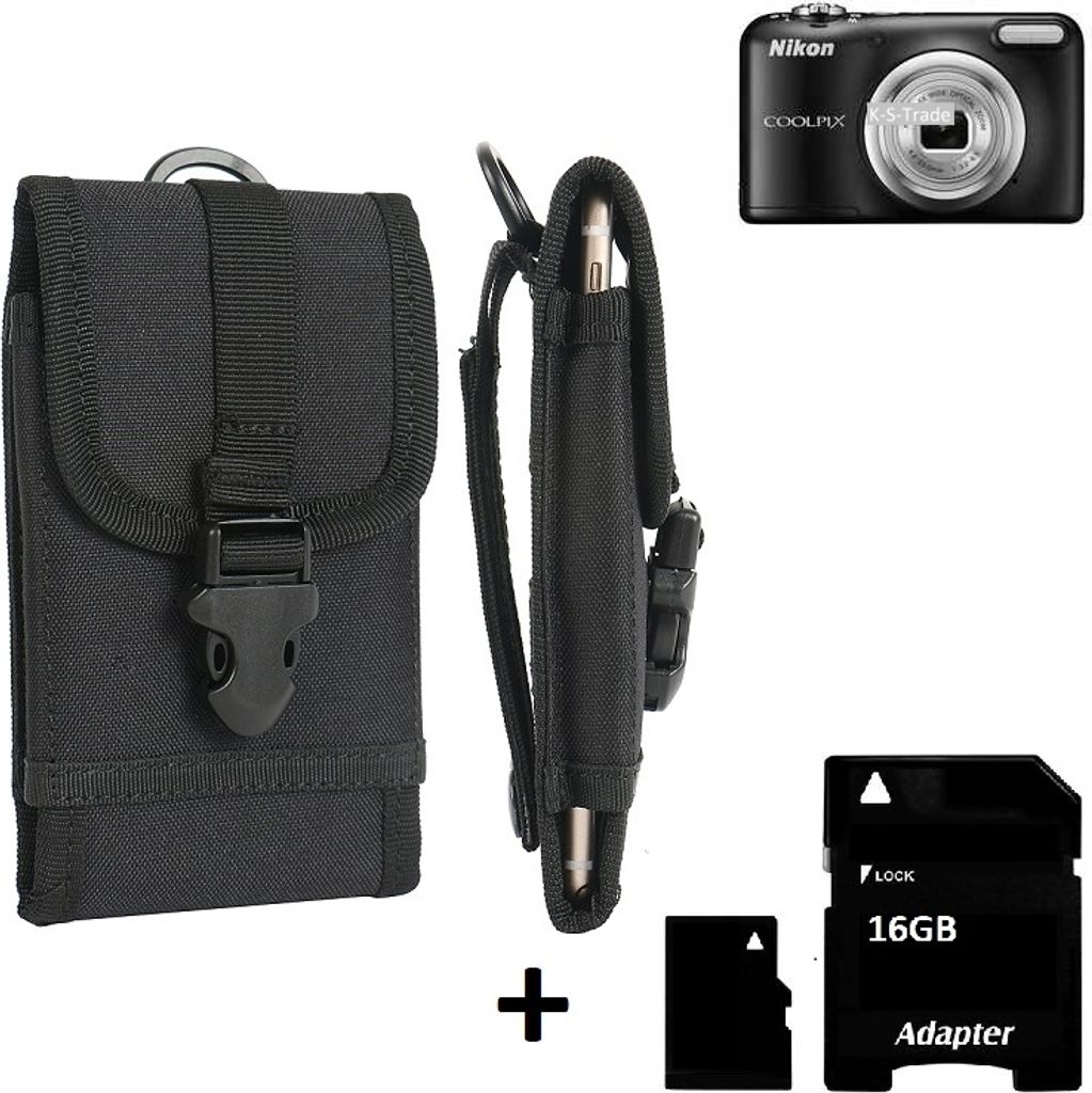 Gürteltasche für Kompaktkameras kompatibel mit Nikon Coolpix A10 Holster Kameratasche + 16GB Speicherkarte Gürtel Tasche wasserabweisend robuste