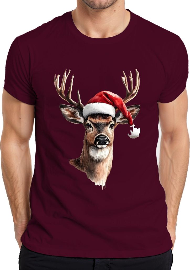 Rentier Hirsch Geweih Santa Hut Weihnachten Geschenk Vintage Herren T-Shirt, Burgundy, M