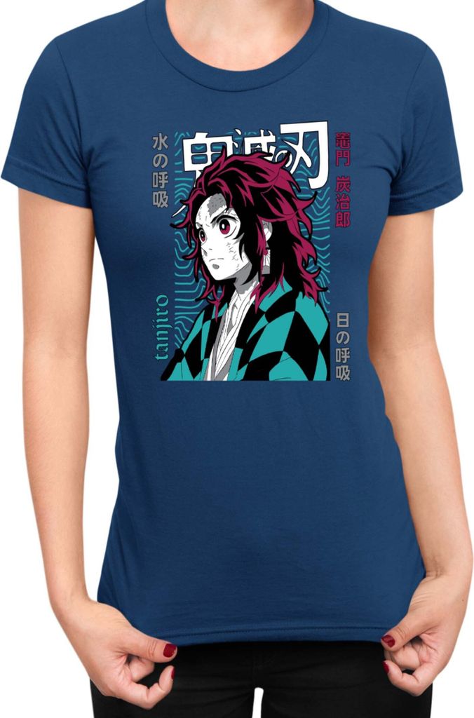 Damen T-Shirt Demon Anime Slayer Kimetsu No Yaiba Tanjiro Kamado 008, Lady XS / Dunkelblau