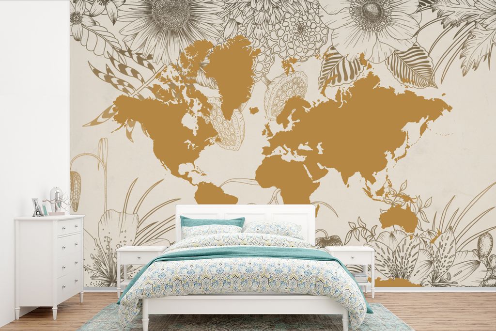 MuchoWow Fototapete für Wohnzimmer oder Schlafzimmer Wandtapete Vinyl Motivtapete Weltkarte - Gold - Blumen - 600x400 cm - Vinyltapeten