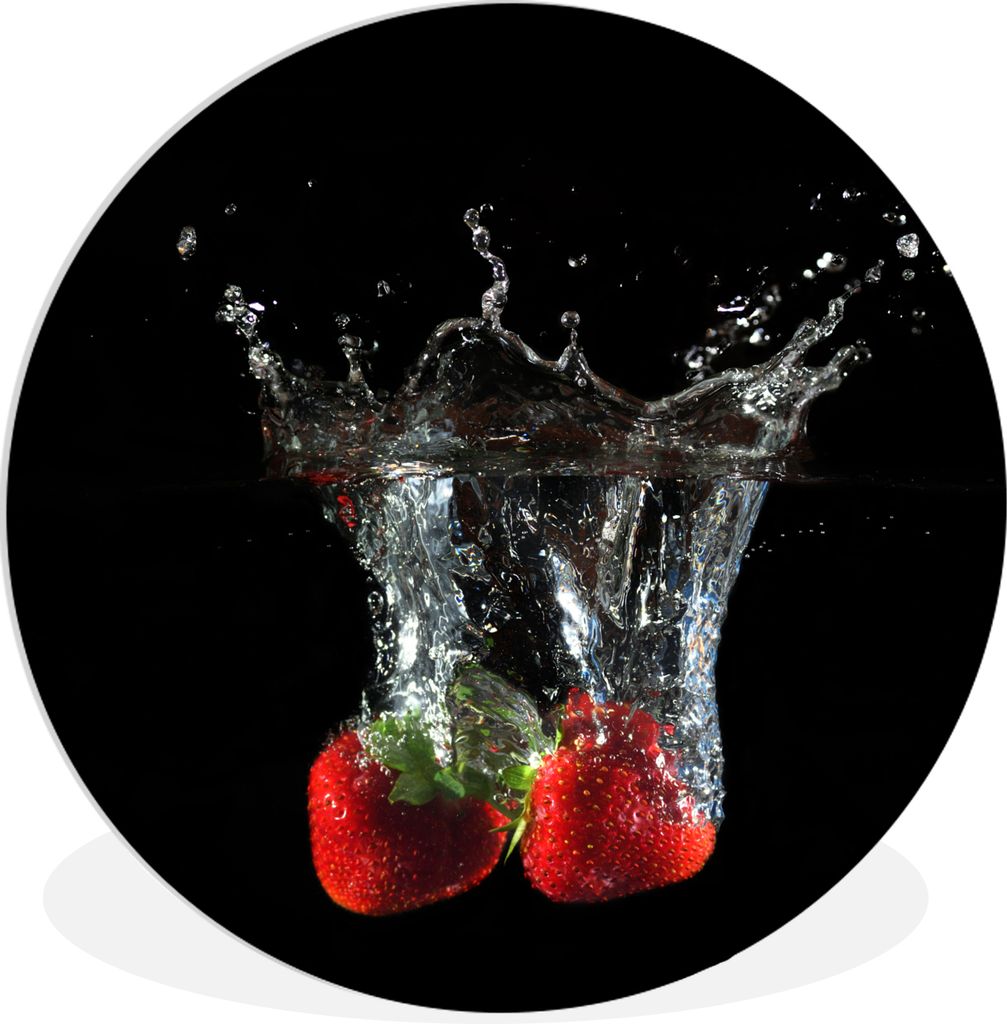 MuchoWow Rundes Wandbild - Runde Bilder Erdbeeren - Obst - Wasser - Schwarz - Rot Ø 90 cm Kreis Wanddekoration Kunststoff - Wandkreis - Wandschm...