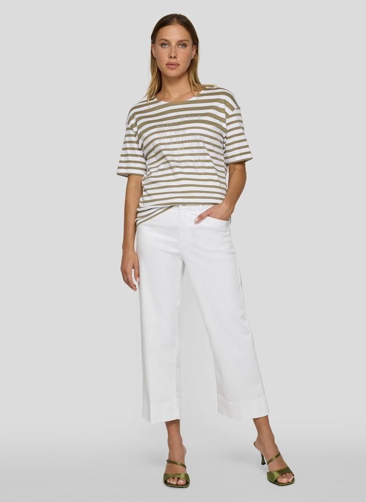 Damen T-Shirt, Grün, Größe 46, reine Baumwolle, klassisches Streifenmuster, Strassdetails
