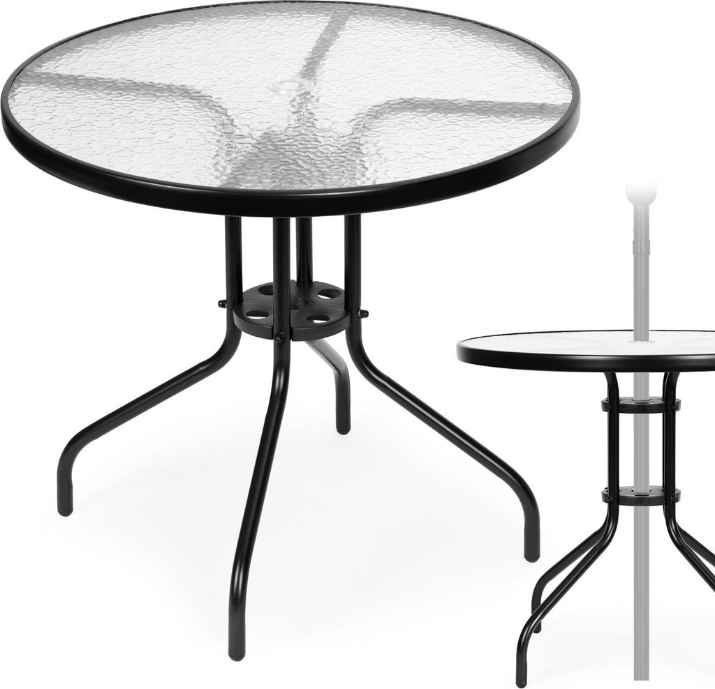 Runder Gartentisch 80 cm, für Terrasse, Garten, Balkon, gehärtetes Glas, Schirmloch, MultiGarden