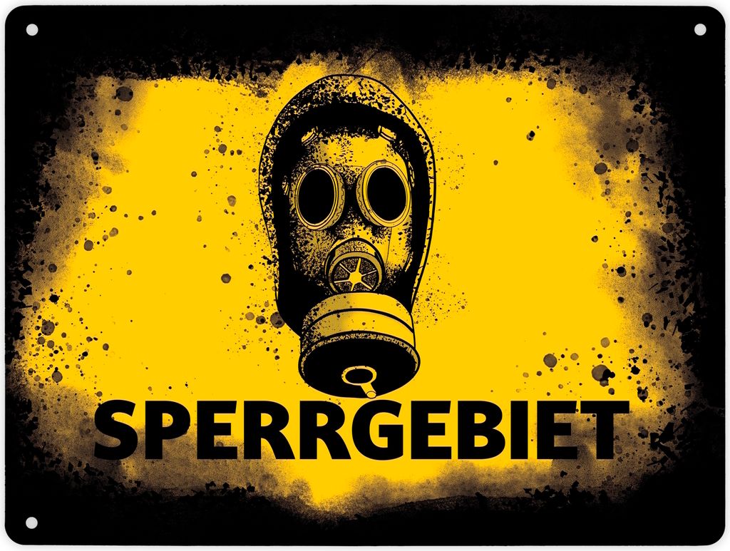 Sperrgebiet Metallschild XL in 21x28 cm mit Gasmaskenmotiv in gelb