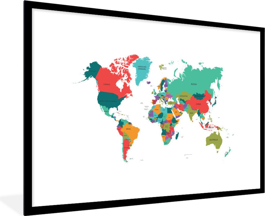 MuchoWow Gerahmtes Poster Weltkarte - Bunt - Einfach 90x60 cm - Poster mit Schwarzem Bilderrahmen Wandposter Rahmen Foto Bilder - Wanddekoration ...