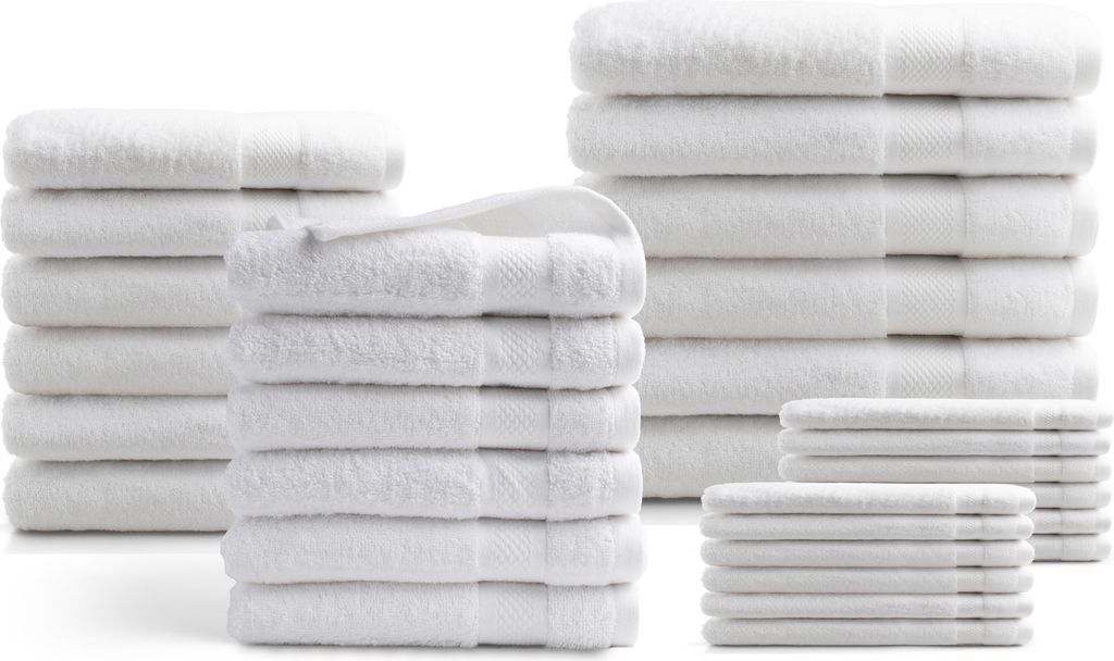 DoubleDry Hotel Kollektion Handtücher Set - 30 Teilig - 100% Baumwolle - 500 g/m² - Weich - Saugstark - Weiß