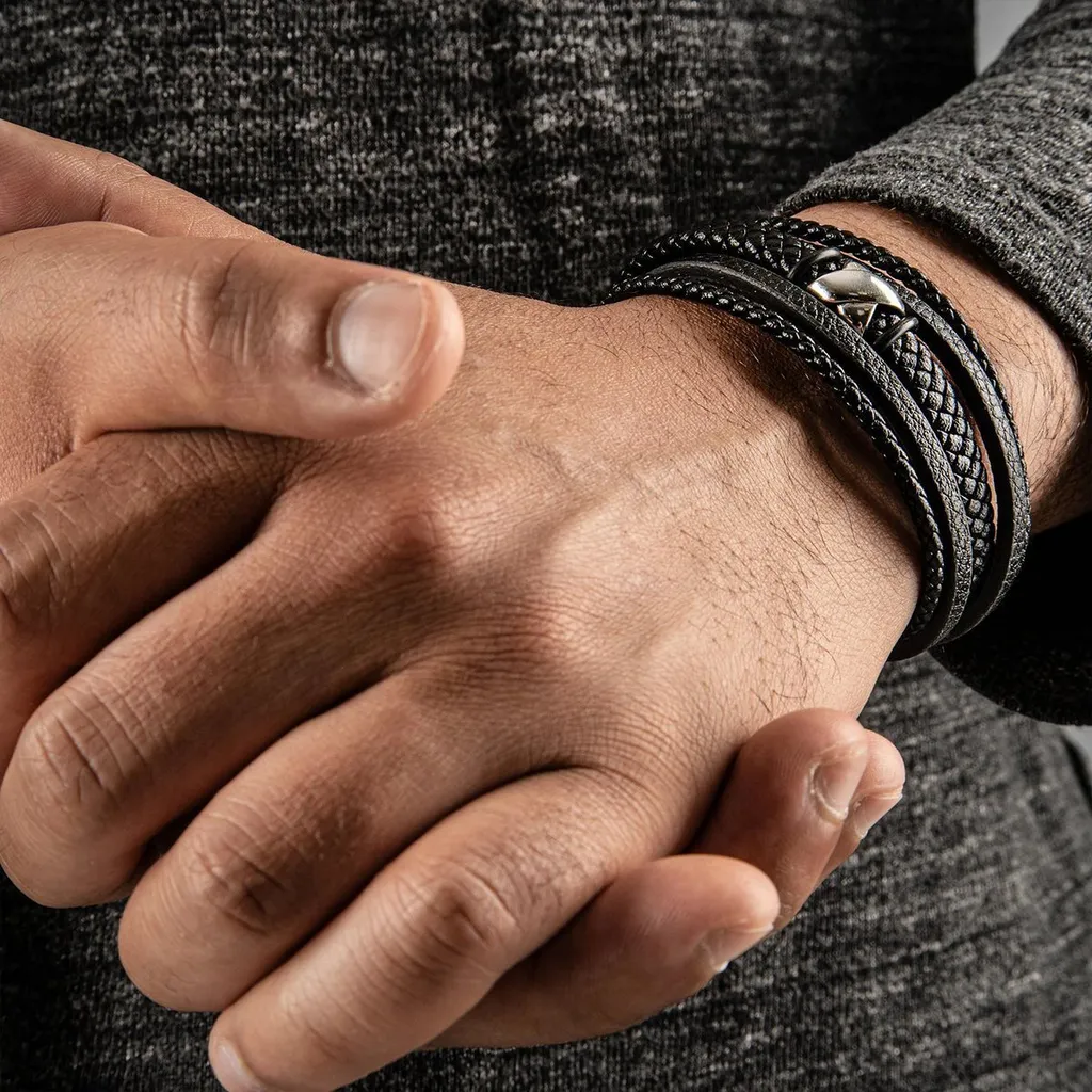 Idee Regalo Uomo: Bracciale SERASAR Flake in Pelle e Acciaio 17cm - 14