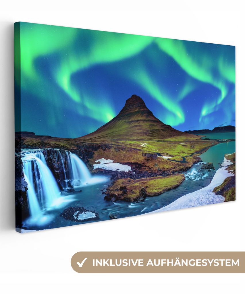 MuchoWow - Leinwandbilder - Nordlicht - Sternenhimmel - Island - Berg - Grün - Wasserfall - See, Wandbild, Wanddeko Bilder Wohnzimmer, 120x80 cm