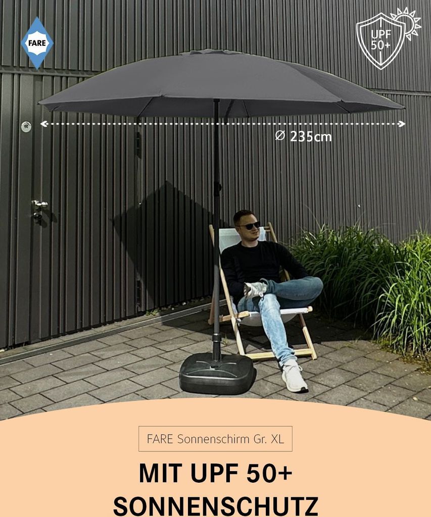 FARE Sonnenschirm XL Höhenverstellbar Knickvorrichtung Lichtschutzfaktor UPF 50+ 235cm, Farbe:Grau