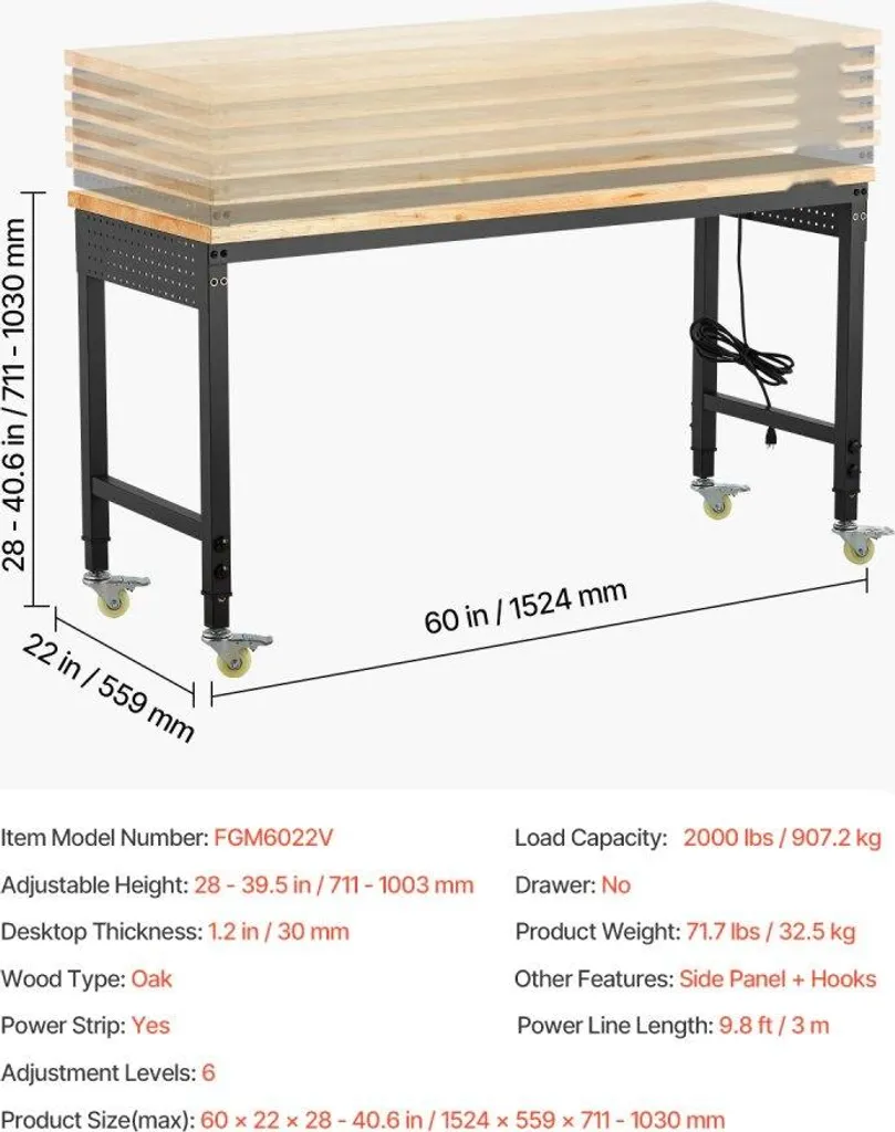 Poste de travail réglable pour atelier 907kg - Établi 152cm avec prises - 7
