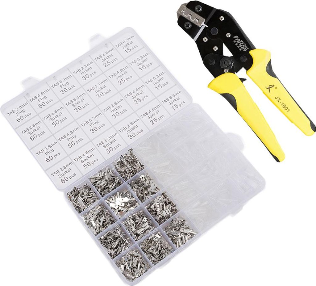 Kabelklemmen-Crimpwerkzeug, isoliertes Ratschen-Crimpzangen-Set für AWG 26-16 mit 840 Stück Stecker- und Buchsen-Flachsteckern