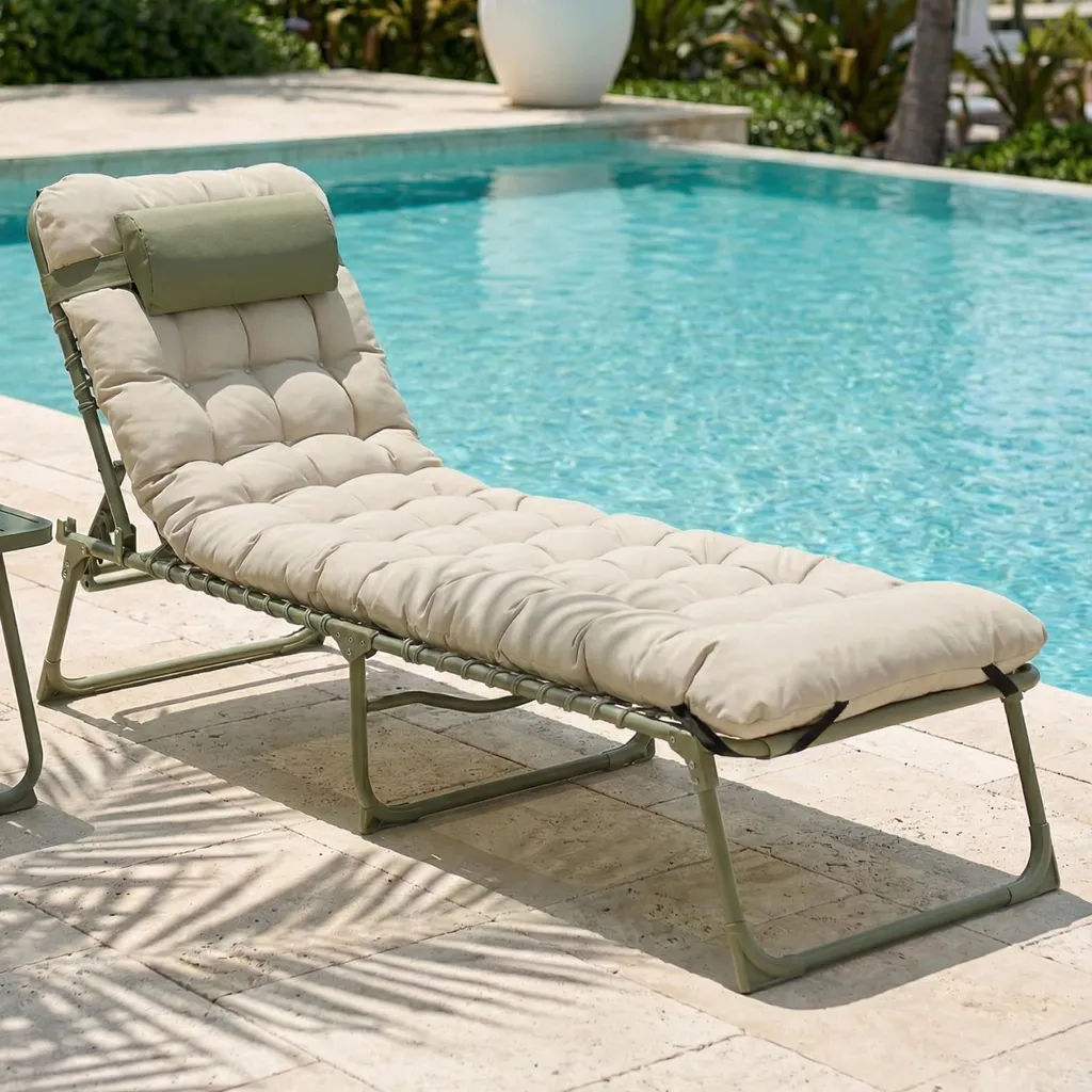 Chaise Longue avec Coussin Déperlant et Toile Textilene Verte Résistante