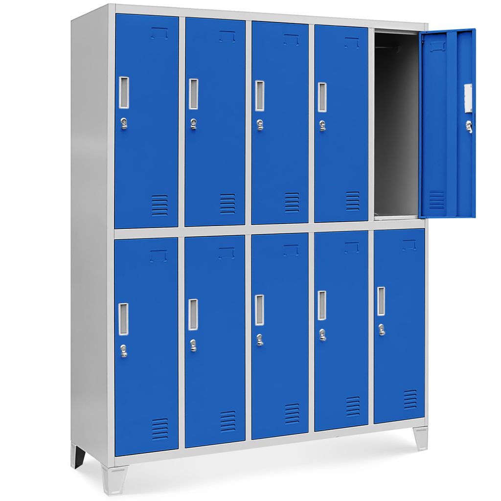 A tall, gray-blue locker unit with ten individual compartments, arranged in two rows of five. One of the top right compartments is open.