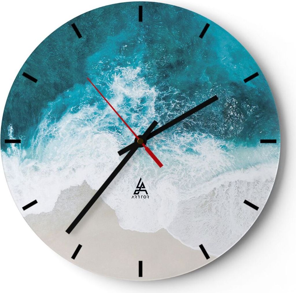 Wanduhr - Rund - Glasuhr - Luftaufnahmen Strand Welle - 30x30cm - Schleichendes Uhrwerk - Lautlos - zum Aufhängen bereit - Dekoration Modern - Wan...