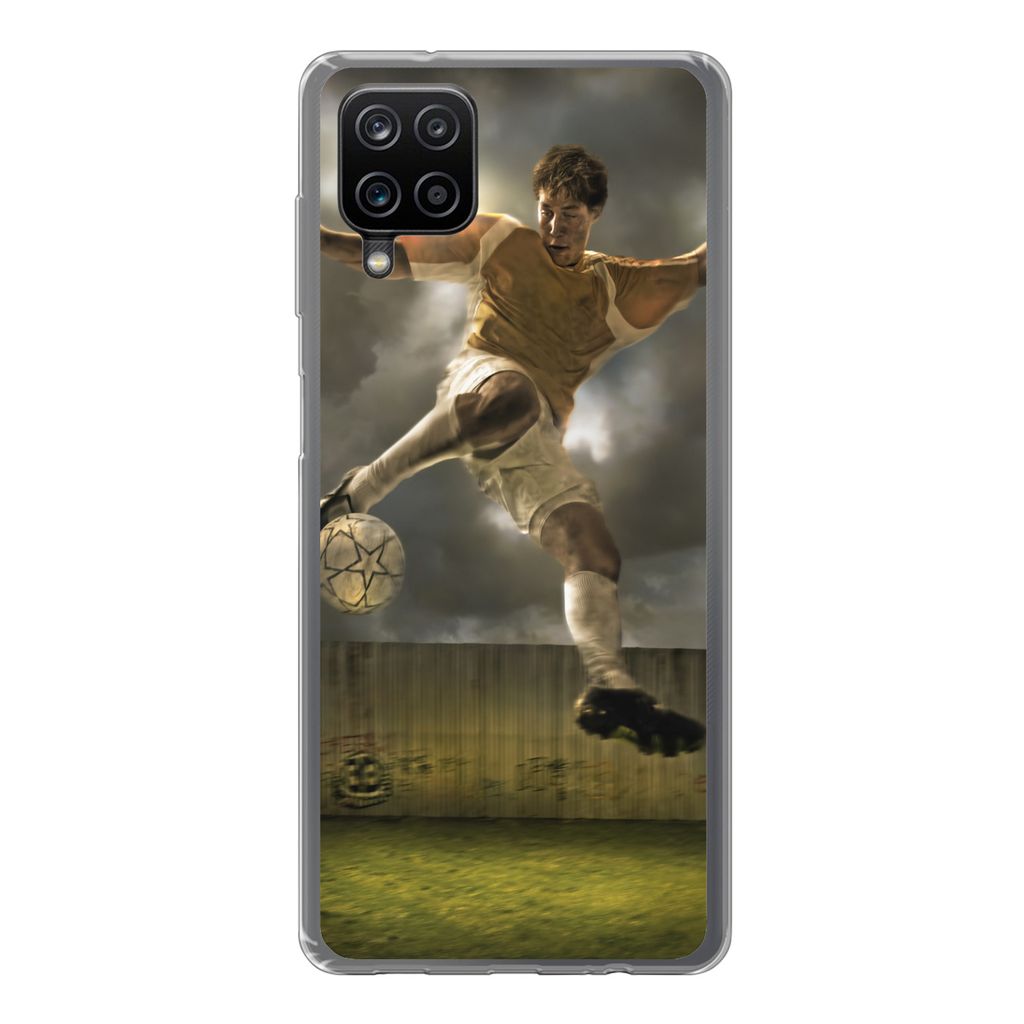 MuchoWow Handyhülle Schutzhülle Hülle für Samsung Galaxy A12 Eine Illustration eines Fußballspielers, der den Ball schießt - Jungen - Kinde...