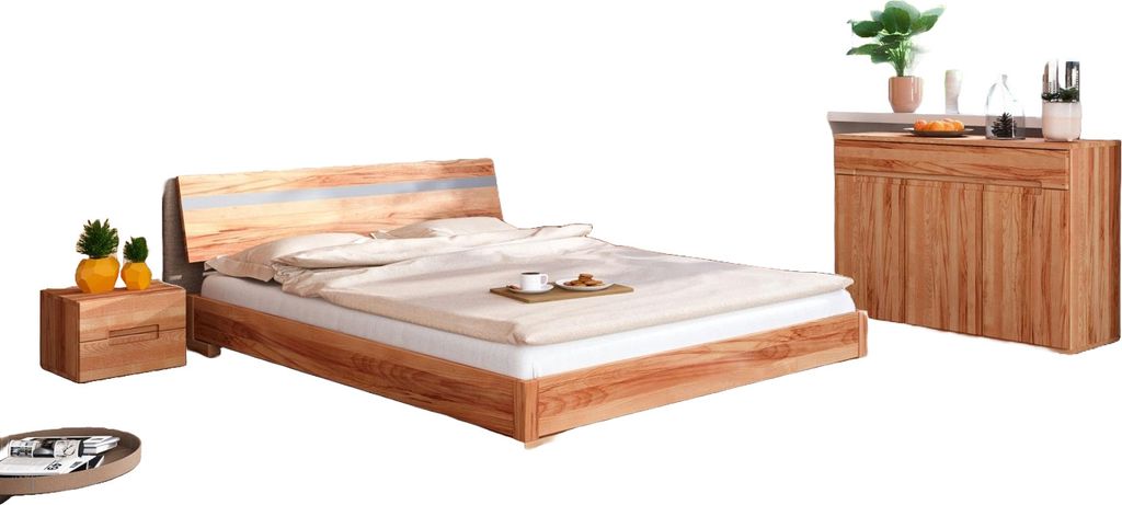 Bett Bento 12 Sonderlänge 120x190 Kernbuche massiv Holzkopfteil und Holzbeine