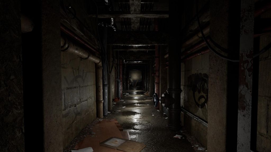 A dark, grimy, and wet corridor with pipes and graffiti on the walls.