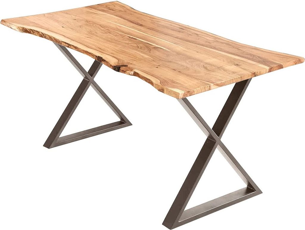 Esstisch 300x100cm Marbella, echte Baumkante, Akazienholz naturfarben + massiv, Baumkantentisch mit geschlossenem X-Metallgestell Edelstahlfarben, ...