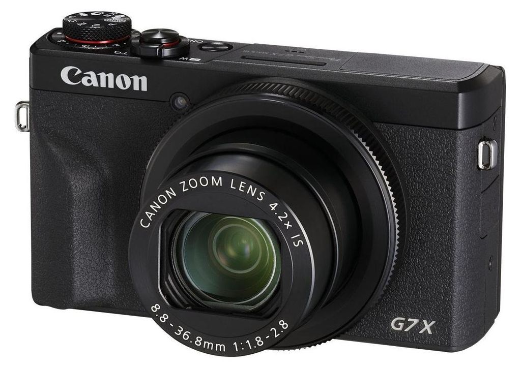 A black Canon PowerShot G7 X Mark III digital camera is shown from a front-facing angle against a white background.