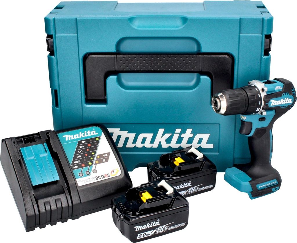 A Makita cordless drill set including a drill, two batteries, a charger, and a storage case, displayed against a white background.