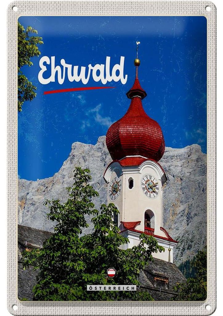 Blechschild Reise 20x30cm Ehrwald Österreich Kirche roter Dach