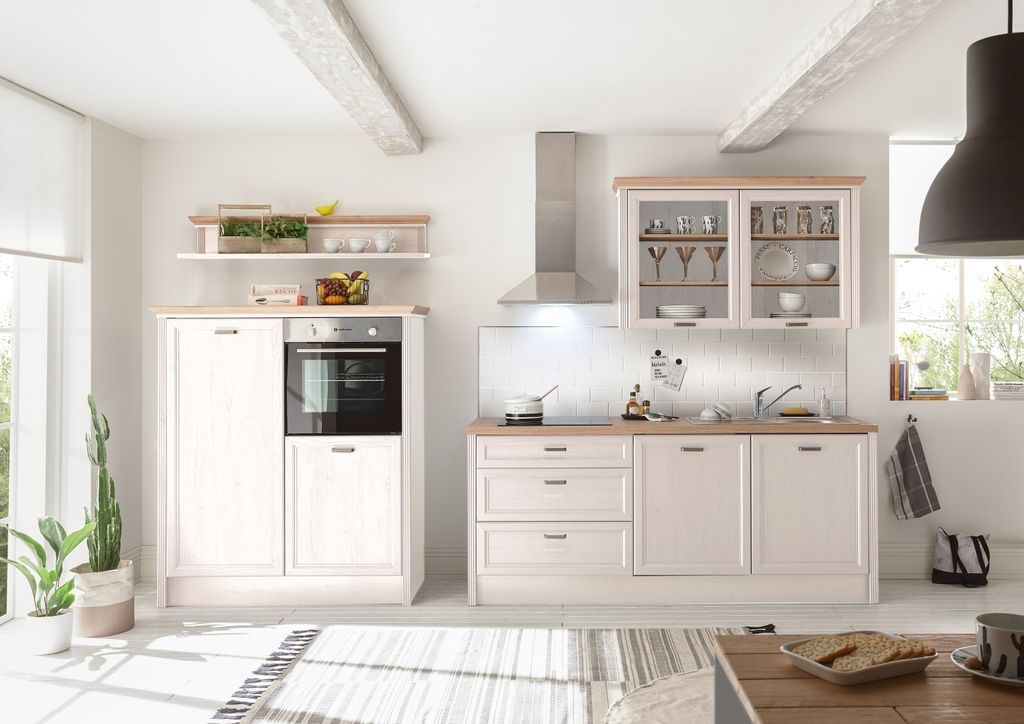 JASMIN Moderne Küchenzeile ohne Elektrogeräte in heller Pinie, Artisan Eiche Optik - Geräumige Einbauküche im Landhausstil - 344 x 228 x 60 cm ...