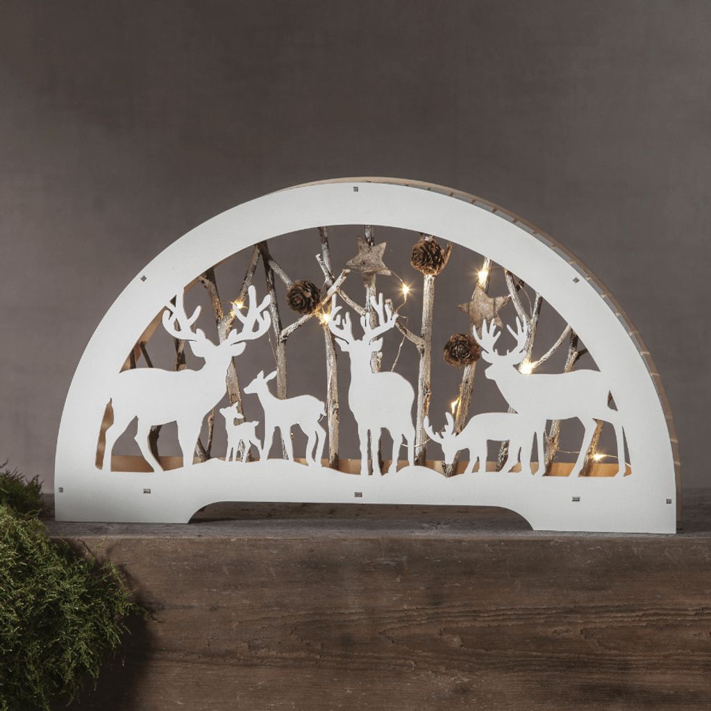 LED-Fensterleuchter 'Fauna' - Rentiere mit Zweigen - 10 warmweiße LED - Batteriebetrieb - weiß