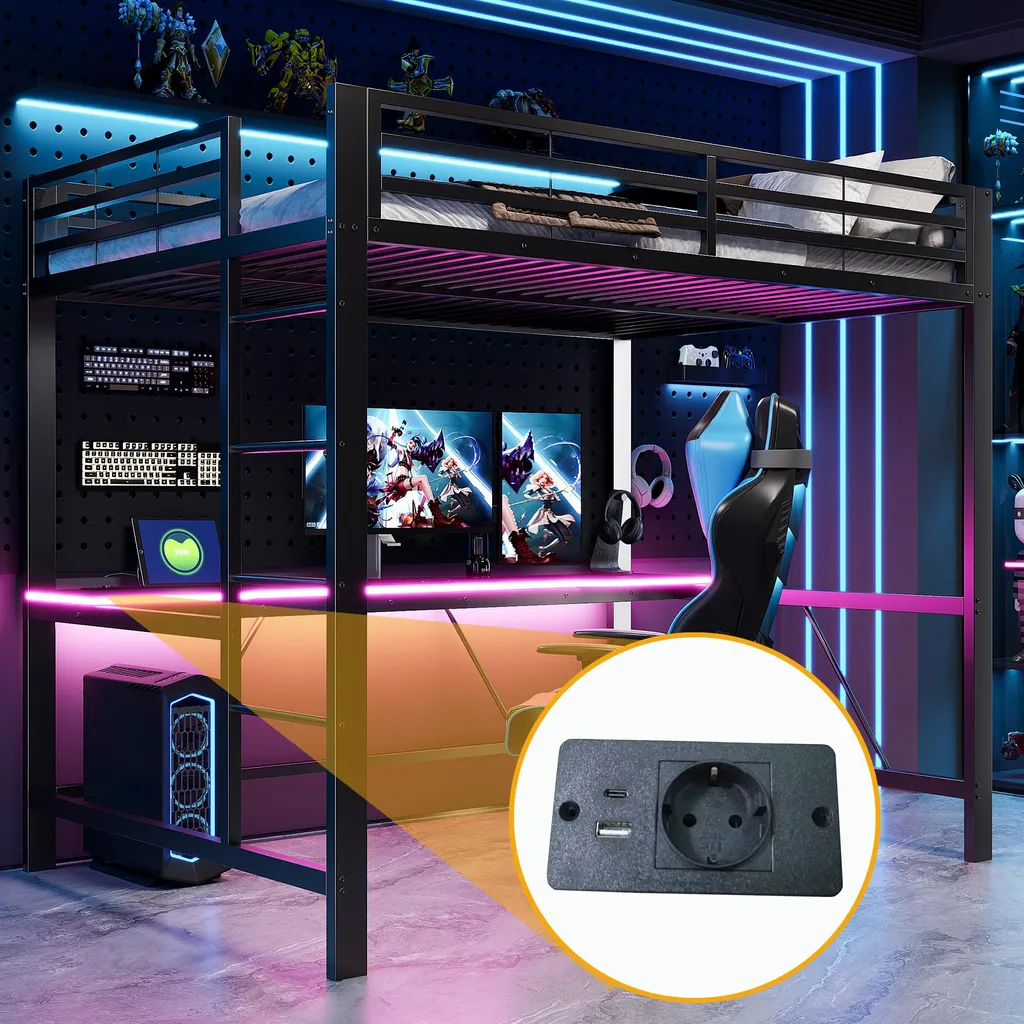 Lit mezzanine 140x200 noir optimisé pour gamer avec bureau et prises USB