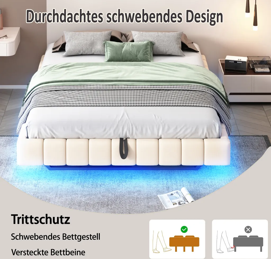 Lit coffre 140x200cm avec sommier relevable et éclairage LED intégré