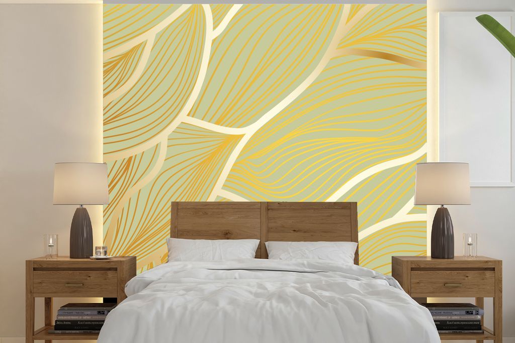 MuchoWow Fototapete für Wohnzimmer oder Schlafzimmer Wandtapete Vinyl Motivtapete Goldene Wellen auf grünem Hintergrund - 300x300 cm - Wanddeko...