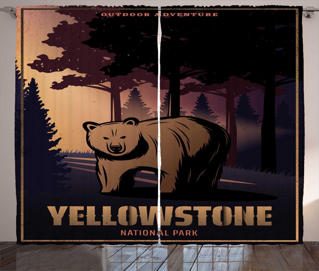 ABAKUHAUS Wyoming Rustikaler Vorhang, Bär im Yellowstone Wald, Wohnzimmer Universalband Gardinen mit Schlaufen und Haken, 280 x 245 cm, Mehrfarbig