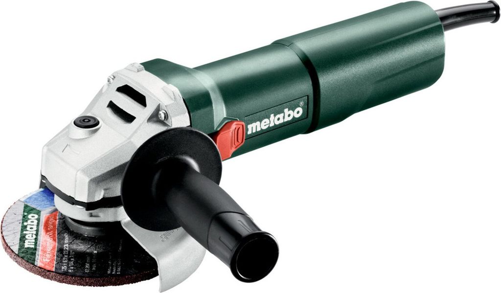 A studio shot of a Metabo angle grinder against a white background.