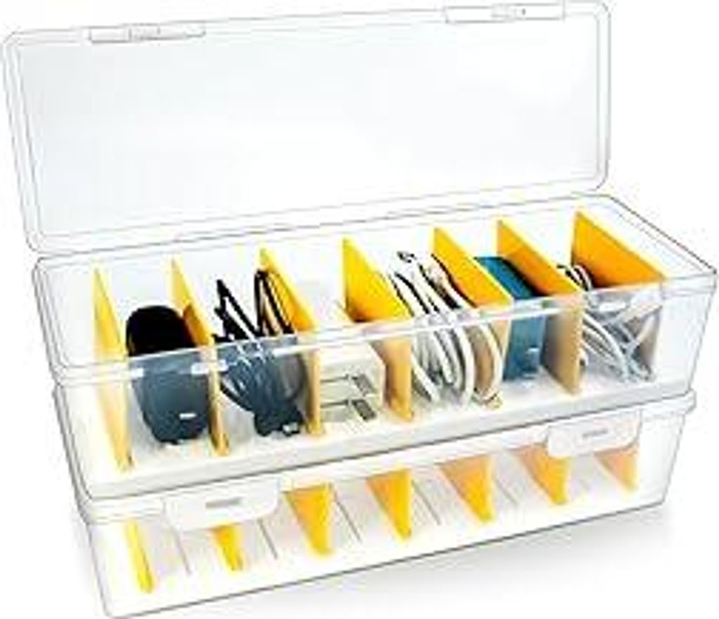 2 Stück Kabel Organizer Box Transparent, Kabelbox Weiß mit 7 Verstellbaren Trennwänden, Kabel Aufbewahrungsbox für Ladekabel, Batterien, Schrei...
