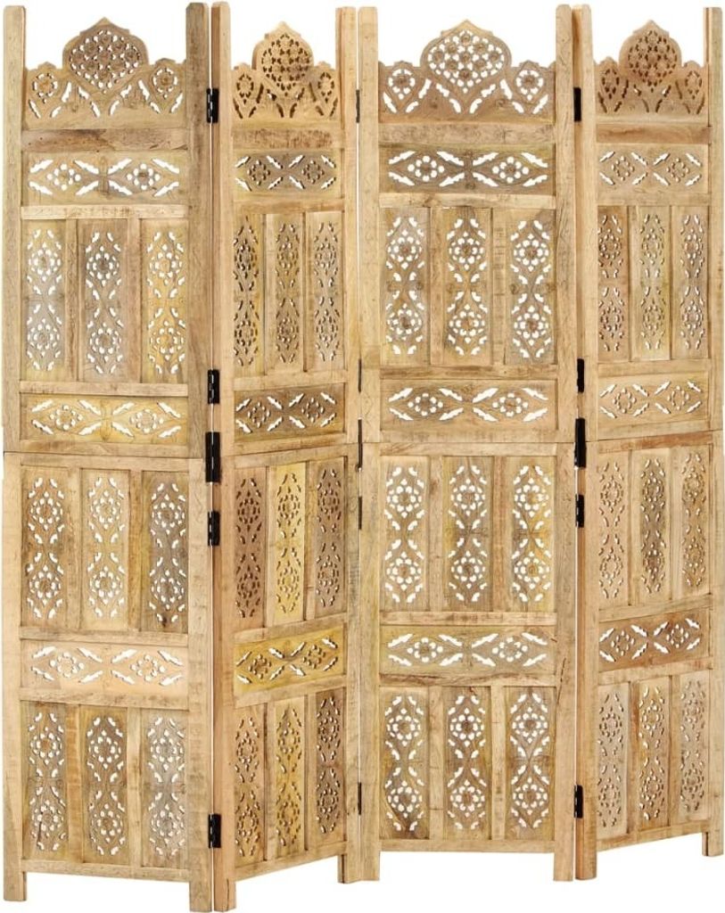 4-tlg. Raumteiler Handgeschnitzt 160×165 cm Mango Massivholz