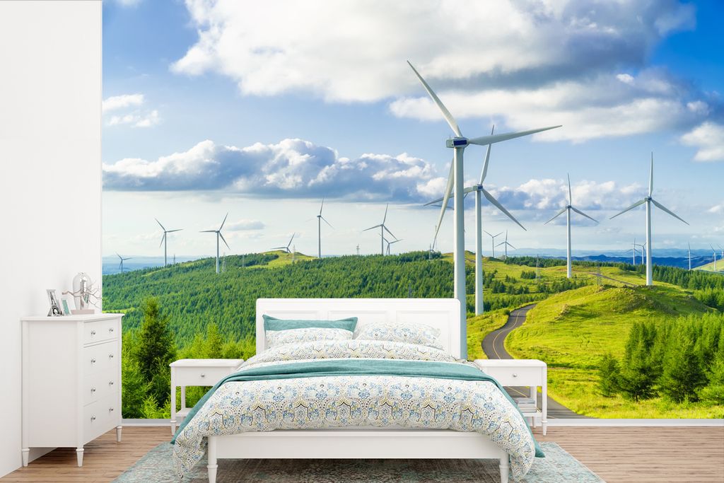 MuchoWow Fototapete für Wohnzimmer oder Schlafzimmer Wandtapete Vinyl Motivtapete Ein Feld von Windmühlen in grüner Natur - 390x260 cm - Papie...