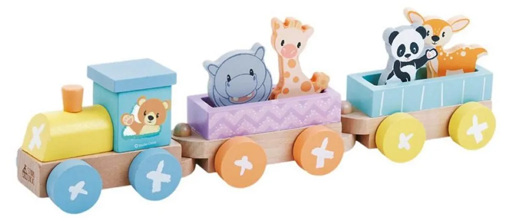 Train en bois naturel Studio Circus avec briques colorées et cubes éveil