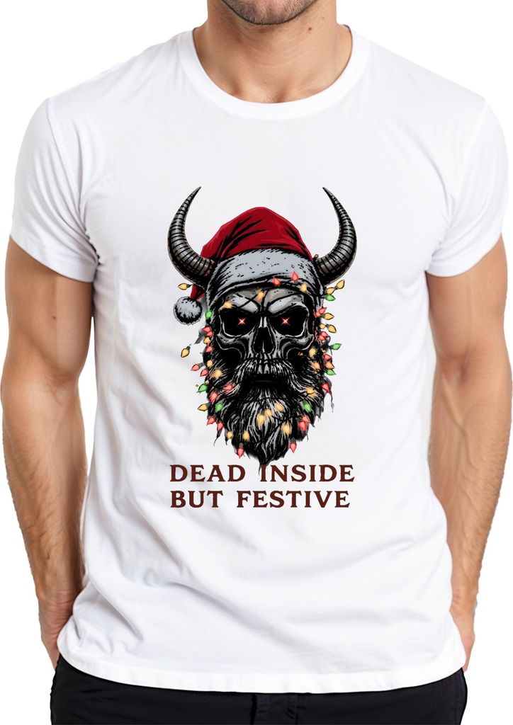 Dead Inside But Festive Totenkopf Hörner Lichter Bart Gothic Herren T-Shirt, Weiß, L